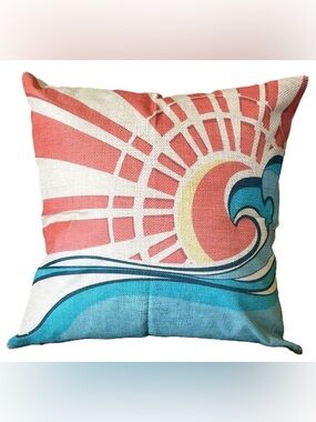 18" Retro-Style Vintage Beach Surf Aesthetic Wave Sun Linen Pillow Cover New